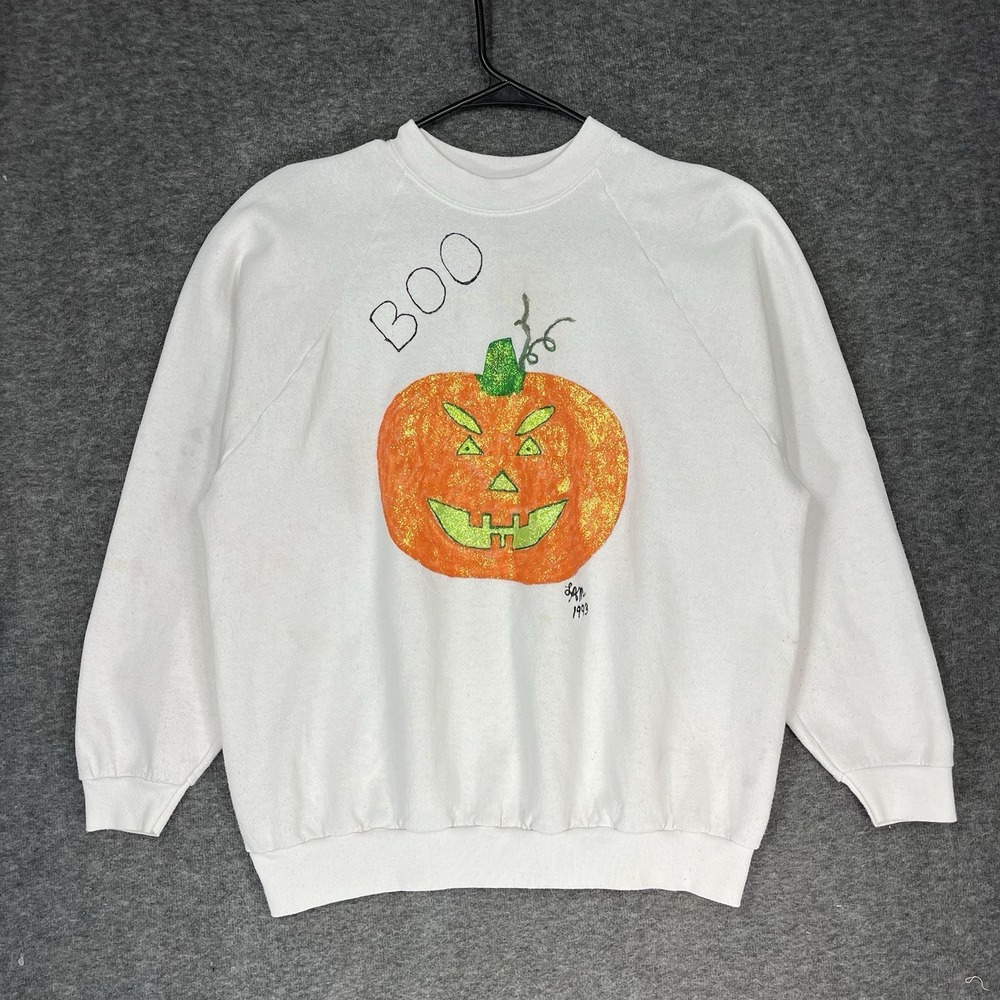 Vintage Halloween Crewneck Sweatshirt Womens XL Hand Painted Jack-o-Lantern Folk